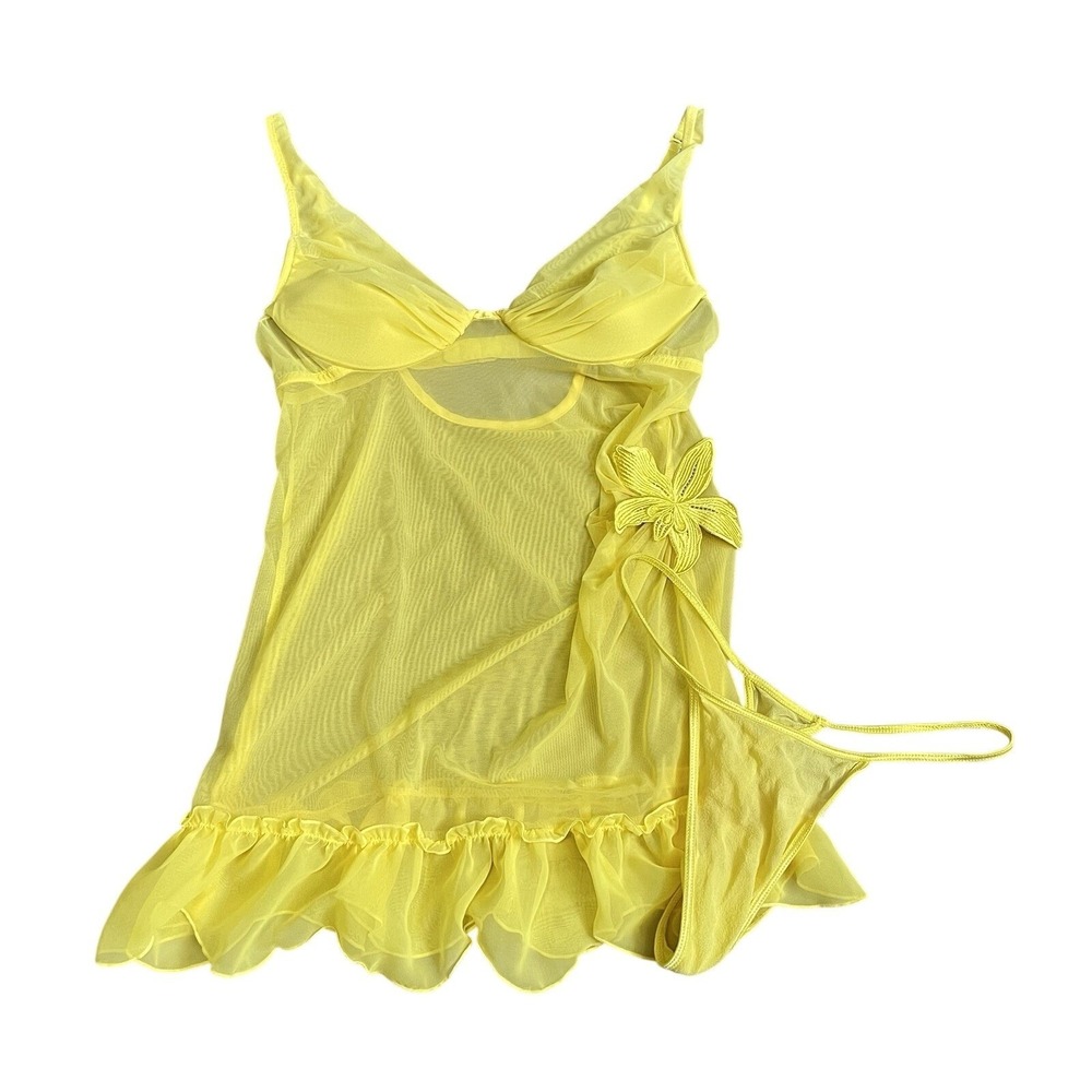 Vtg Victoria Secrets Xs/S Yellow Floral Fairycore Silk Lace Lingerie Babydoll